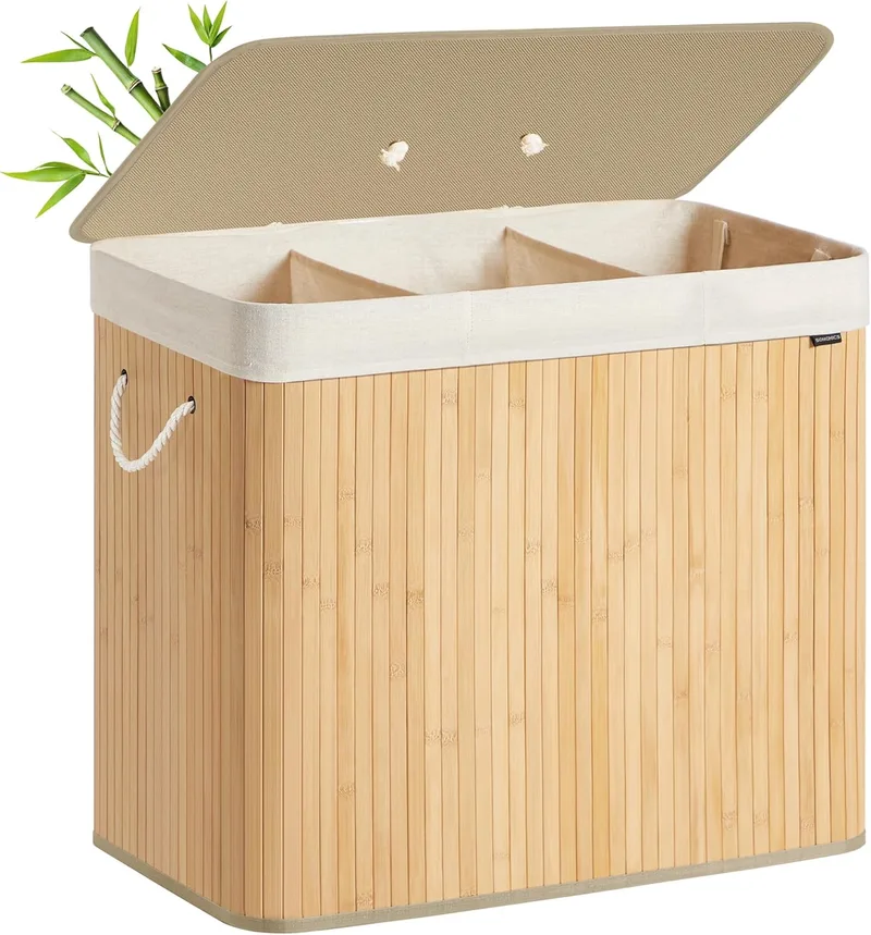 SONGMICS ▫️ Cesto de roupa suja com tampa, 3 compartimentos, 170 L, cesto de roupa suja em bambu, dobrável, com saco amovível lavável, pegas, para a roupa suja, quarto, natural LCB013Y01