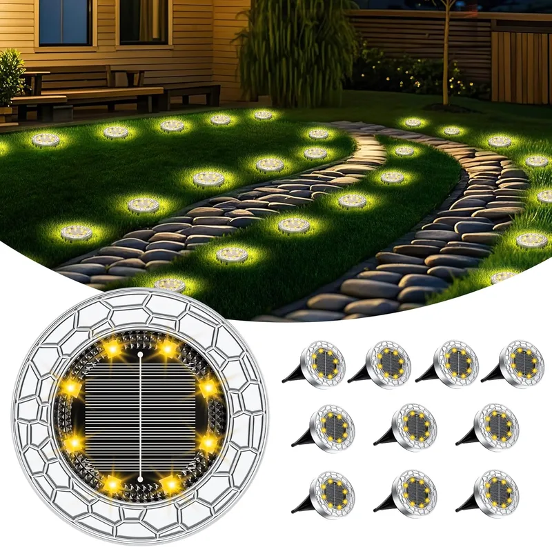 FIFlying ▫️ Conjunto de 10 luzes LED solares para exterior e jardim, 8 luzes LED solares | Luzes LED solares para exterior e jardim (para colocar no solo), aço inoxidável, luzes LED solares para jardim, relvado, caminho, passeio e pátio, branco quente