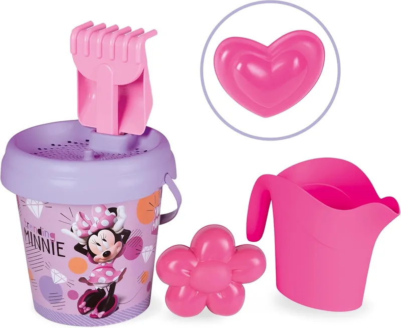 Smoby ▫️ Balde de Praia Minnie - Inclui balde, pá, ancinho, peneira, regador e molde - Material reciclado - para crianças a partir dos 18 meses - (7600862197)