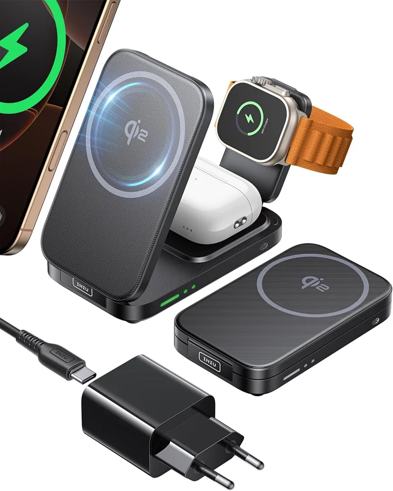 INIU ▫️ Carregador sem fios 3 em 1 15 W, Certificado Qi2, Carregador Rápido | Plegável, Carregador Magnético Sem Fios com Mag-Safe para iPhone 17e, 17, 16, 15, 14, 13, 12, Série Air, Apple Watch e AirPods Pro 4, 3, 2