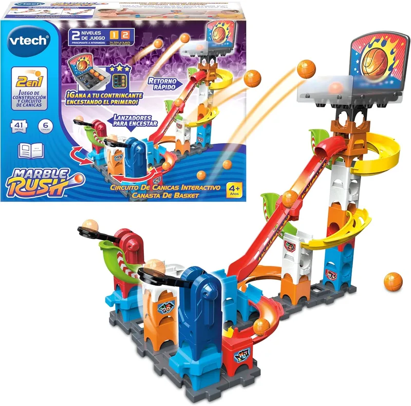 VTech ▫️ Marble Rush Basket Basket, brinquedo de construção e corrida de berlindes, 41 peças, 6 bolas, prenda para crianças a partir dos 4 anos, versão ESP