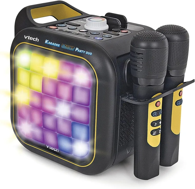 VTech ▫️ Karaoke Light Party Duo Golden Edition, coluna potente, karaoke portátil com Bluetooth, 40 W, inclui 2 microfones sem fios, função Voice Unmute, painel tátil, pega incorporada, versão ESP
