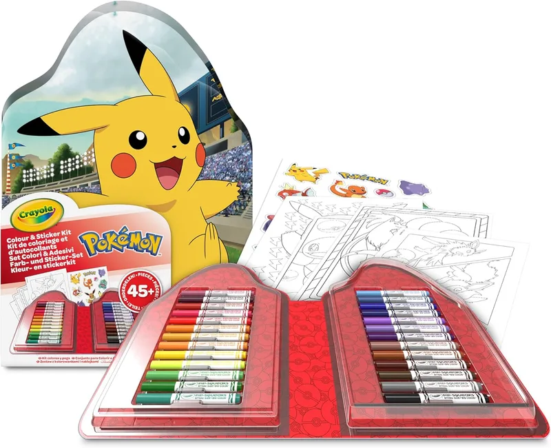 CRAYOLA ▫️ Estojo para colorir Pokémon com autocolantes, conjunto com marcadores, páginas para colorir, autocolantes, 45 peças, prenda criativa para crianças, a partir dos 5 anos, 04-0785
