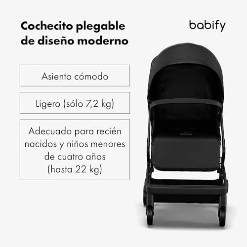 Babify ▫️ Carrinho de bebé Urban Ease - Desde o nascimento até aos 4 anos (22 kg), dobrável com uma mão, encosto reclinável, apoio para os pés ajustável, forro removível, cesto, capota com janela, cadeira leve, preto 2