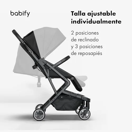 Babify ▫️ Carrinho de bebé Urban Ease - Desde o nascimento até aos 4 anos (22 kg), dobrável com uma mão, encosto reclinável, apoio para os pés ajustável, forro removível, cesto, capota com janela, cadeira leve, preto 3