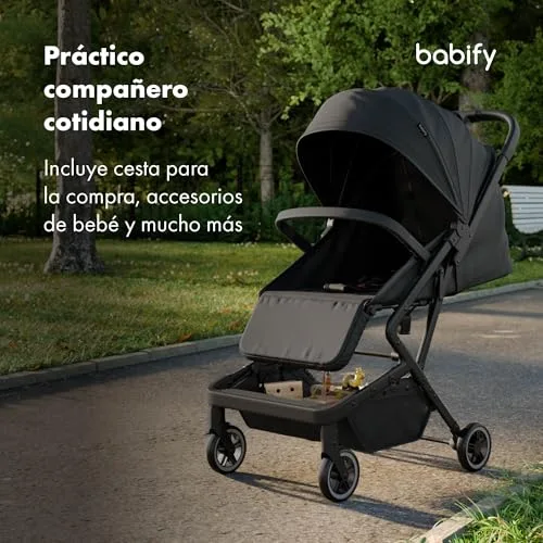 Babify ▫️ Carrinho de bebé Urban Ease - Desde o nascimento até aos 4 anos (22 kg), dobrável com uma mão, encosto reclinável, apoio para os pés ajustável, forro removível, cesto, capota com janela, cadeira leve, preto 4