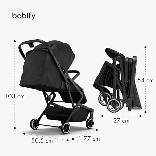 Babify ▫️ Carrinho de bebé Urban Ease - Desde o nascimento até aos 4 anos (22 kg), dobrável com uma mão, encosto reclinável, apoio para os pés ajustável, forro removível, cesto, capota com janela, cadeira leve, preto 7