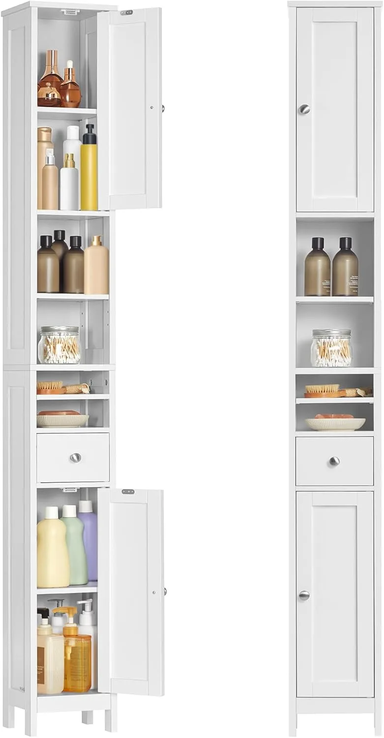VASAGLE ▫️ Armário de casa de banho alto, com prateleiras ajustáveis, gaveta, compartimentos abertos, para espaços pequenos, moderno, White Cloud BBC765W01