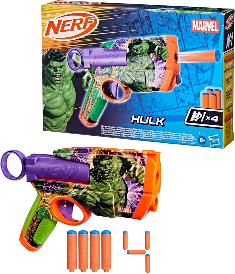 Nerf ▫️ Marvel, lançador Hulk: 4 dardos N1: designs de lançadores inspirados no Hulk: presentes para crianças: jogos e brinquedos para brincar ao ar livre: a partir dos 8 anos