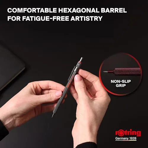 Rotring ▫️ 600 Portaminas | Mina HB 0,5 mm | Portaminas com corpo totalmente metalizado | Cor cinzenta escura | Punho estriado antiderrapante e corpo hexagonal 5