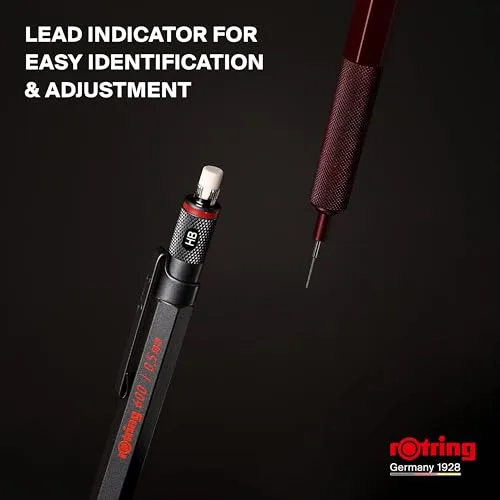 Rotring ▫️ 600 Portaminas | Mina HB 0,5 mm | Portaminas com corpo totalmente metalizado | Cor cinzenta escura | Punho estriado antiderrapante e corpo hexagonal 6