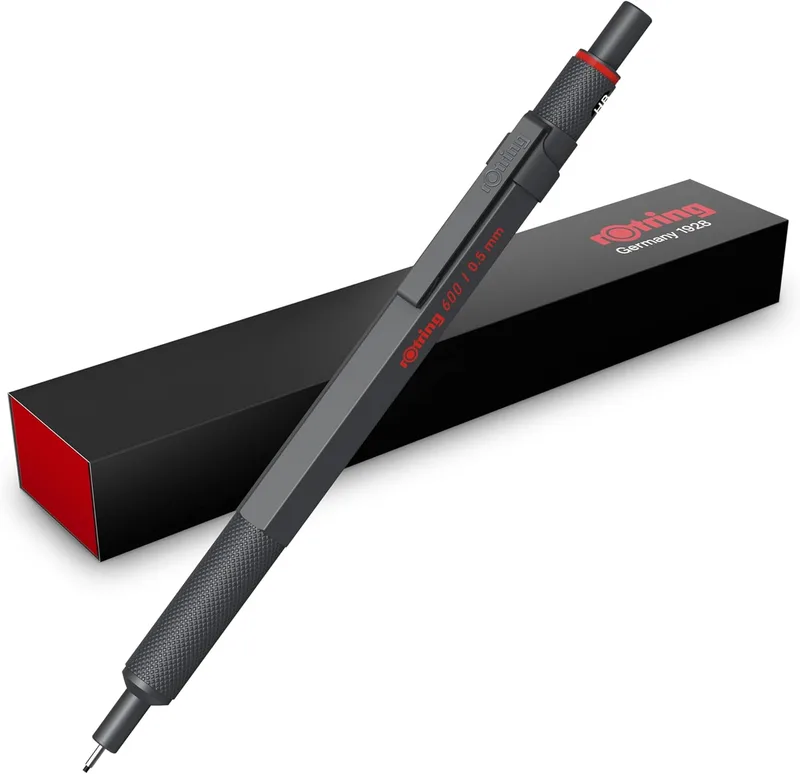 Rotring ▫️ 600 Portaminas | Mina HB 0,5 mm | Portaminas com corpo totalmente metalizado | Cor cinzenta escura | Punho estriado antiderrapante e corpo hexagonal