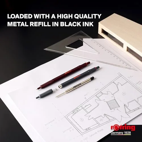 Rotring ▫️ Caneta esferográfica 600 | Ponta média | Tinta preta | Corpo totalmente metalizado | Cor escura | Punho estriado antiderrapante e corpo hexagonal | Recarregável 6