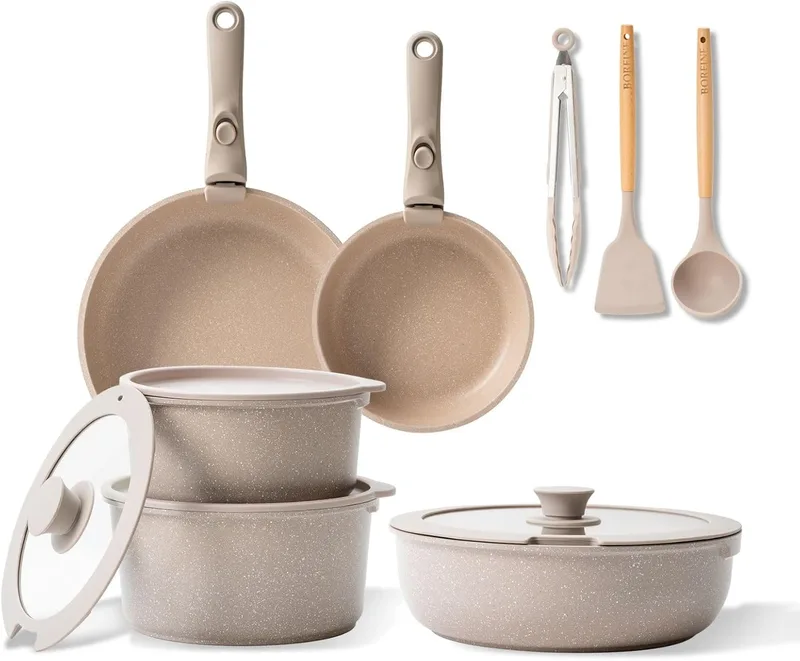 BOREINE ▫️ Conjunto de panelas de 14 peças panelas antiaderentes, cabo amovível, adequado para indução, gás, vitrocerâmica e forno, não tóxico e sem PFOA, castanho