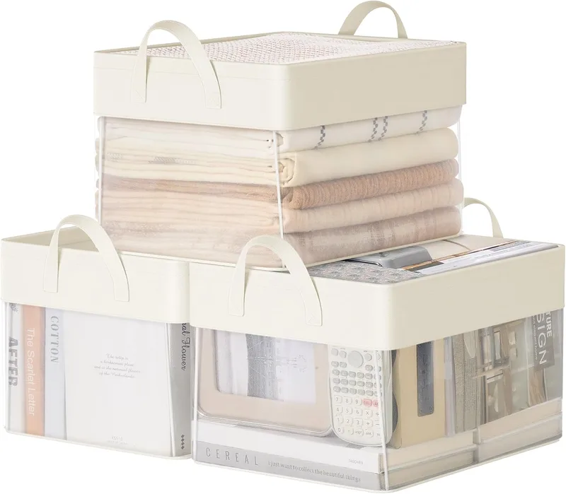 SONGMICS ▫️ Conjunto de 3 caixas de arrumação, cesto médio, caixas organizadoras em tecido, dobráveis, rede de nylon transparente, 40 x 30 x 25 cm, alças, para quarto, sala, branco creme RFB940W01