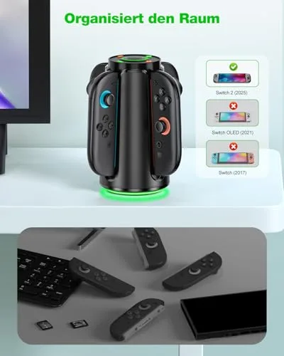 Coogamefly ▫️ Estação de carregamento para o comando da Nintendo Switch 2, estação de carregamento compatível com os Joy-Con da Nintendo Switch, modos de iluminação RGB, acessórios para a estação de carregamento da Switch, oval 6