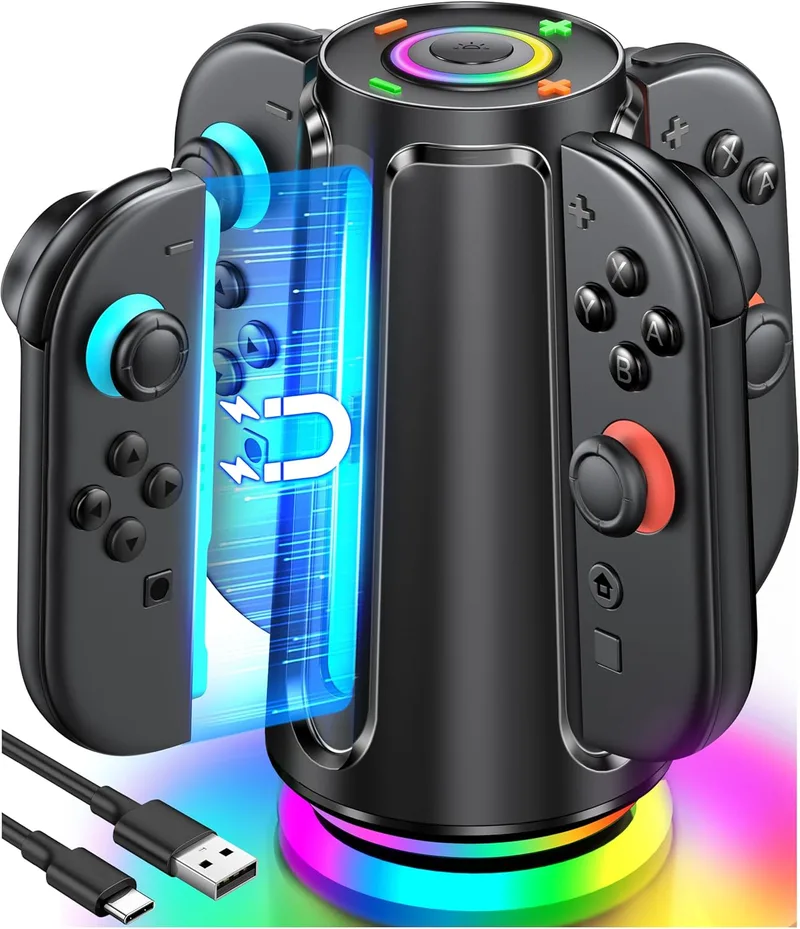 Coogamefly ▫️ Estação de carregamento para o comando Nintendo Switch 2, estação de carregamento compatível com o Nintendo Switch Joy Con, modos de luz RGB, acessórios para o comando da estação de carregamento, oval