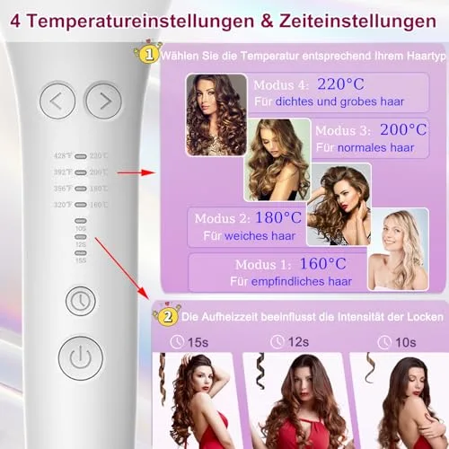 BUJIYI ▫️ Ferro de ondular automático, para cabelos ondulados, com 4 níveis de temperatura ajustáveis, 3 opções de tempo de aquecimento, design anti-queimaduras, não danifica o cabelo (branco) 3