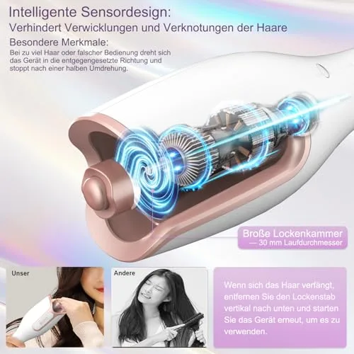 BUJIYI ▫️ Ferro de ondular automático, para cabelos ondulados, com 4 níveis de temperatura ajustáveis, 3 opções de tempo de aquecimento, design anti-queimaduras, não danifica o cabelo (branco) 5