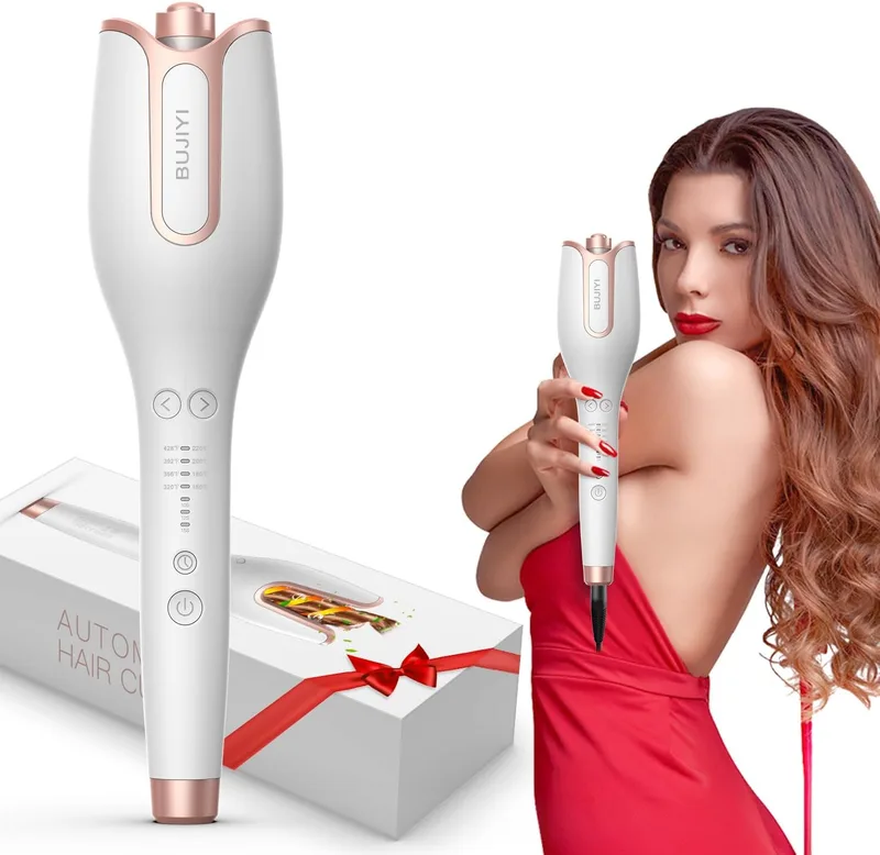 BUJIYI ▫️ Ferro de ondular automático, para cabelos ondulados, com 4 níveis de temperatura ajustáveis, 3 opções de tempo de aquecimento, design anti-queimaduras, não danifica o cabelo (branco)