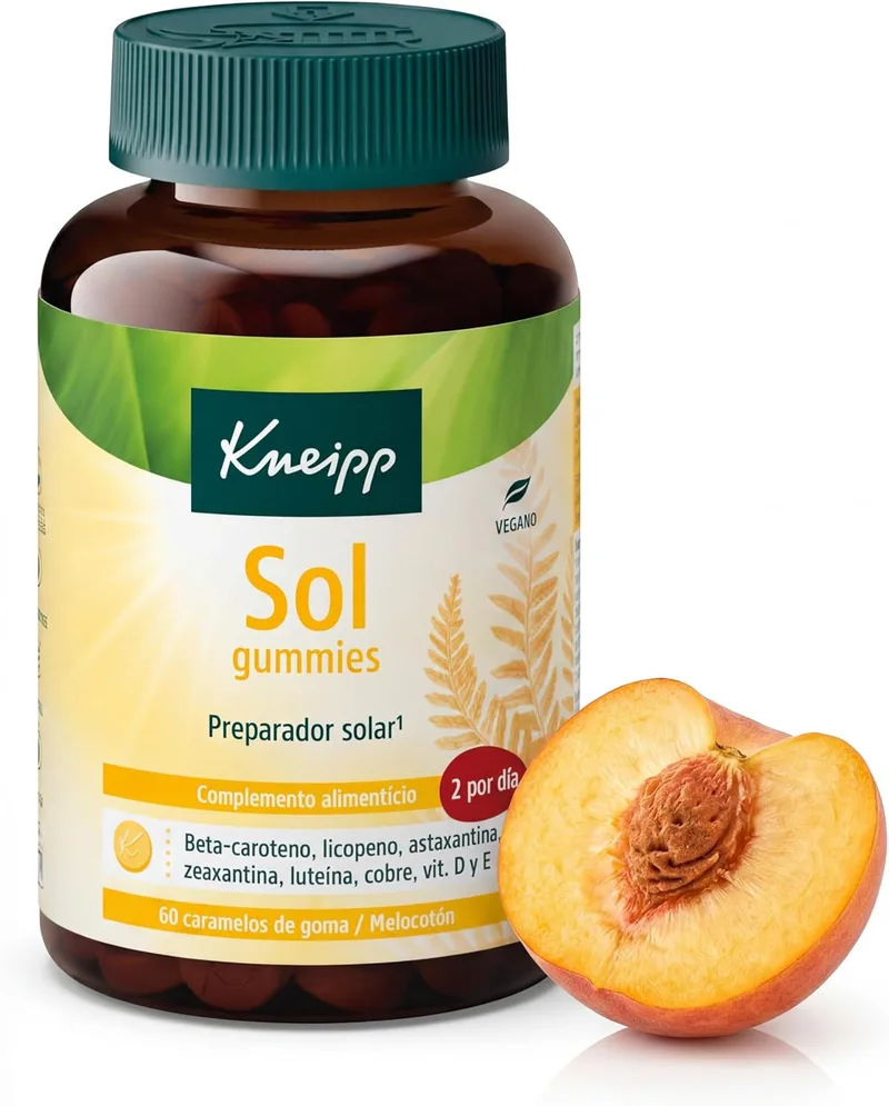 Kneipp ▫️ Sol Gummies; Vitamina E e Cobre; Carotenóides; Fotoprotecção; Protege contra o stress oxidativo; Prepara a pele para os banhos de sol; Sabor a Pêssego; 60 unid.