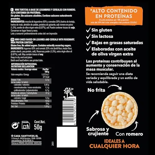 SANTIVERI ▫️ Mini Panquecas Proteicas com Sabor a Alecrim, Snack Proteico com 24 g de Proteína, Rico em Fibra, com Azeite, Sem Glúten nem Lactose – 50 g 7