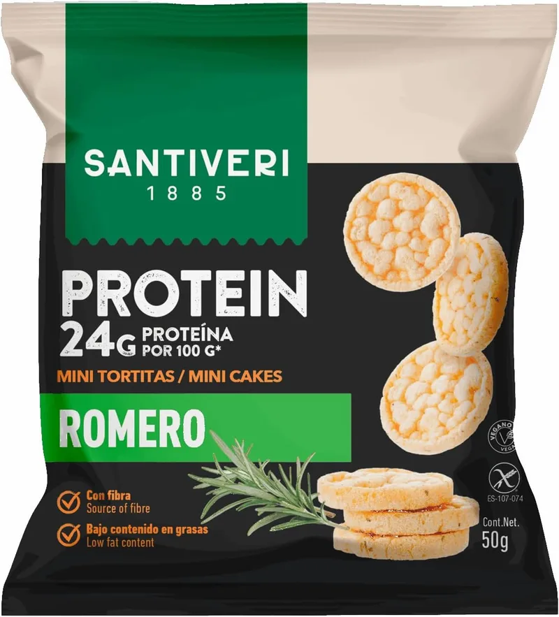 SANTIVERI ▫️ Mini Panquecas Proteicas com Sabor a Alecrim, Snack Proteico com 24 g de Proteína, Rico em Fibra, com Azeite, Sem Glúten nem Lactose – 50 g