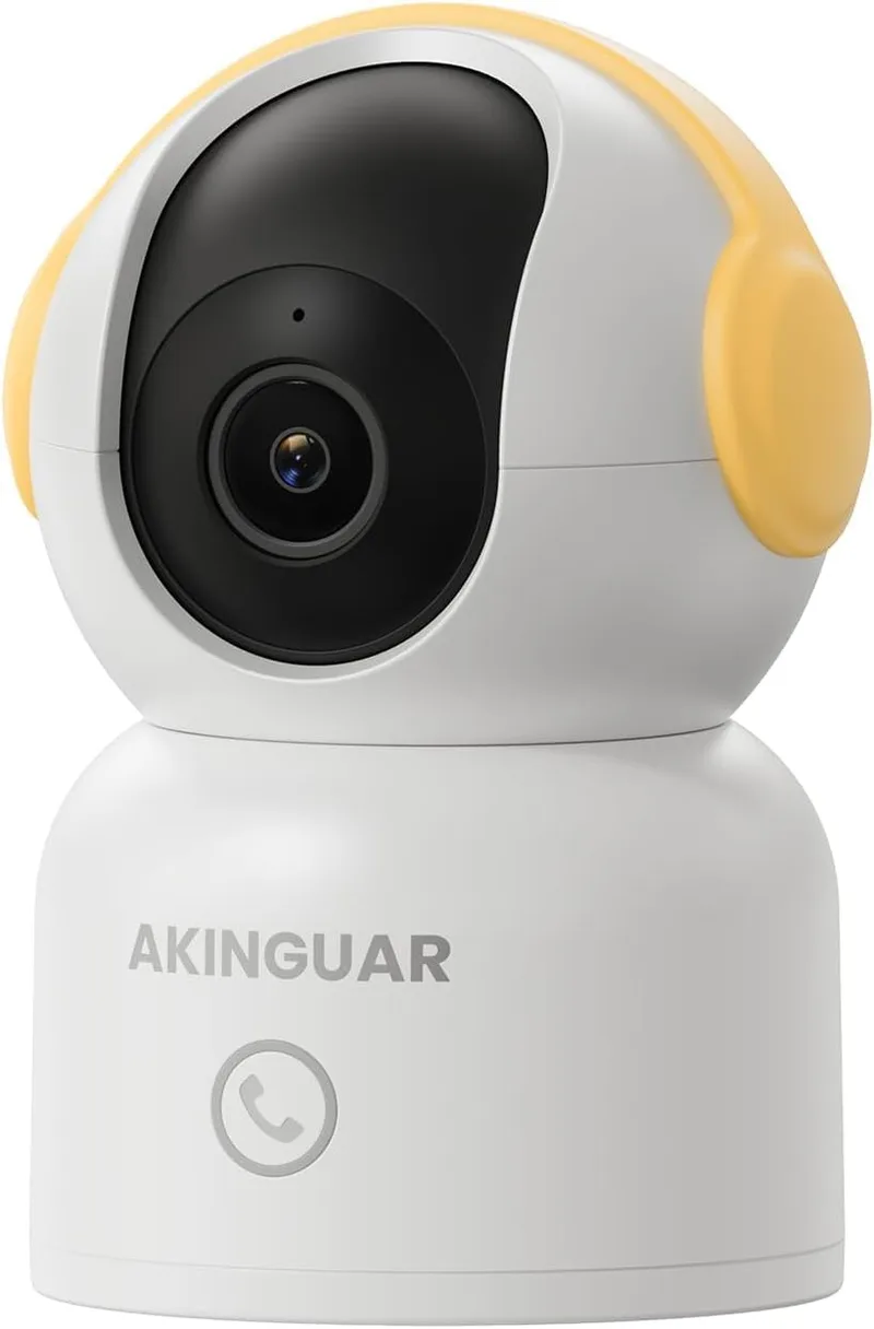 AKINGUAR ▫️ Câmara IP WiFi interior 2K(3MP) Câmara de vigilância HD com deteção de pessoas/movimento, visão nocturna, áudio bidirecional compatível com Alexa para bebés/animais de estimação, amarelo