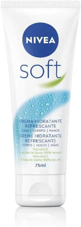 NIVEA ▫️ Soft (1 x 75 ml), creme multiusos com óleo de jojoba e vitamina E, creme hidratante intensivo para o cuidado da pele do rosto, do corpo e das mãos, sem parabenos