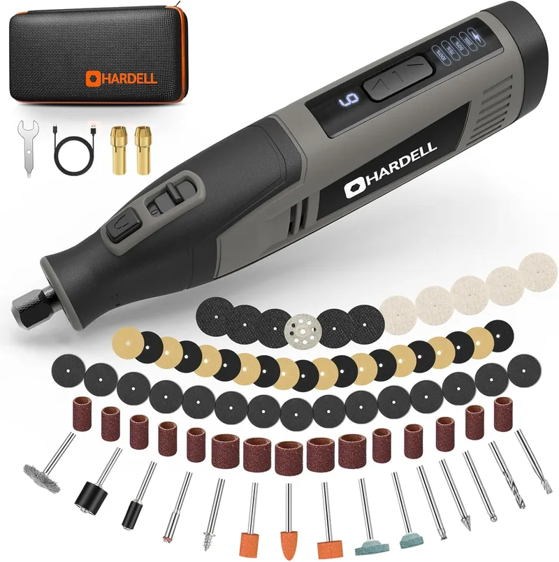 HARDELL ▫️ Ferramenta rotativa sem fios com 80 acessórios - Mini rebarbadora eléctrica com bateria de 4000mAh, 6 velocidades (8000-28000 RPM), carregamento rápido tipo C para cortar, furar, esculpir e trabalhos manuais