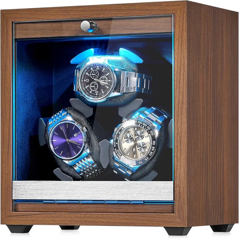 ANWBROAD ▫️ Caixa para relógios automáticos com capacidade para 3 relógios | Watch Winder com 4 modos de rotação, LED e motor de rotação super silencioso – Presente giratório JWW013M