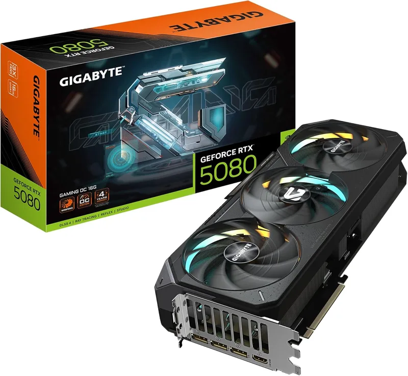 Gigabyte Technology ▫️ Placa gráfica GIGABYTE GeForce RTX 5080 Gaming OC 16G - 16 GB GDDR7, 256 bits, PCI-E 5.0, frequência de núcleo de 2730 MHz, 3 x DisplayPort, 1 x HDMI, GV-N5080GAMING OC-16GD