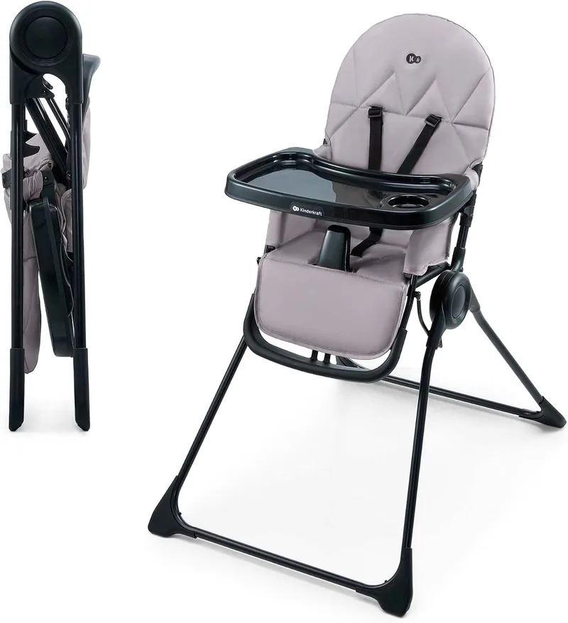 Kinderkraft ▫️ BINCI, Cadeira de bebé, leve e dobrável, com tabuleiro, apoio para os pés e arnês de 5 pontos, ideal para espaços reduzidos e viagens, cinzenta
