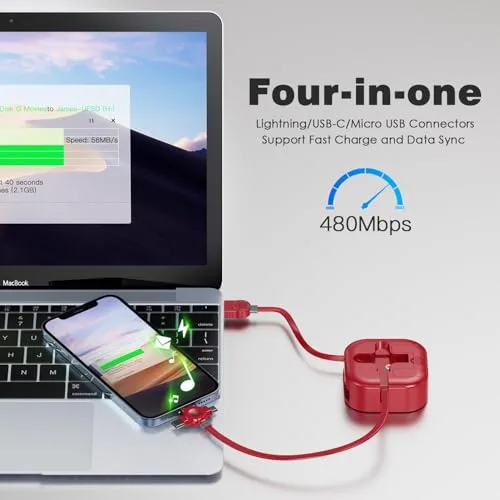ASICEN ▫️ Cabo USB multisserviço retrátil de 1,2 m, com suporte para carregamento rápido, 4 em 1 2