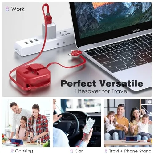 ASICEN ▫️ Cabo USB multisserviço retrátil de 1,2 m, com suporte para carregamento rápido, 4 em 1 4
