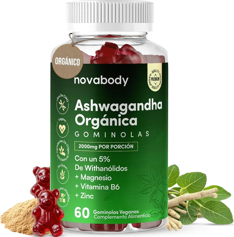 Novabody ▫️ Gomas de Ashwagandha 2000 mg, sem açúcar, 100% naturais, veganas e biológicas – Alta potência, concentradas, com citrato de magnésio, zinco e vitamina B6 – Sem glúten, sem lactose – Sono profundo, 60 unidades