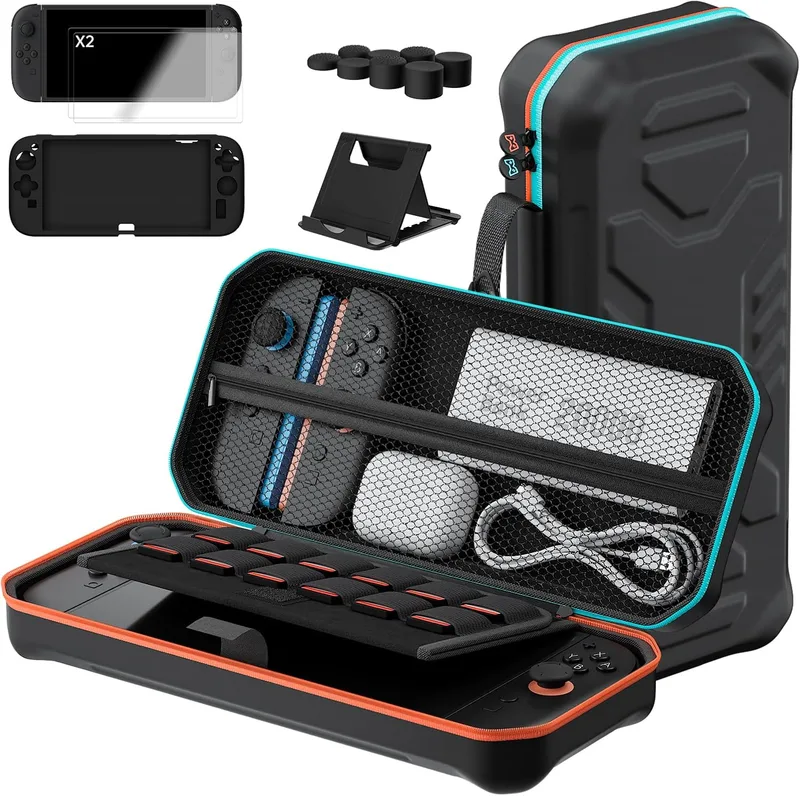 Hosanwell ▫️ Capa 13 em 1 para Nintendo Switch 2, que inclui 2 ecrãs de vidro temperado, capa protetora de silicone, tampas para os joysticks e suporte, estojo rígido para a Switch 2