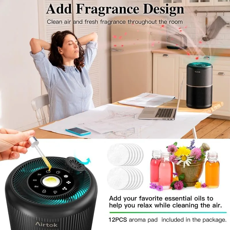 AIRTOK ▫️ Purificador de ar purificador de ar com esponja perfumada, filtro HEPA para alergias, fumo, pêlos de animais e odores, com luz noturna, temporizador, bloqueio para crianças, 25 dB 5