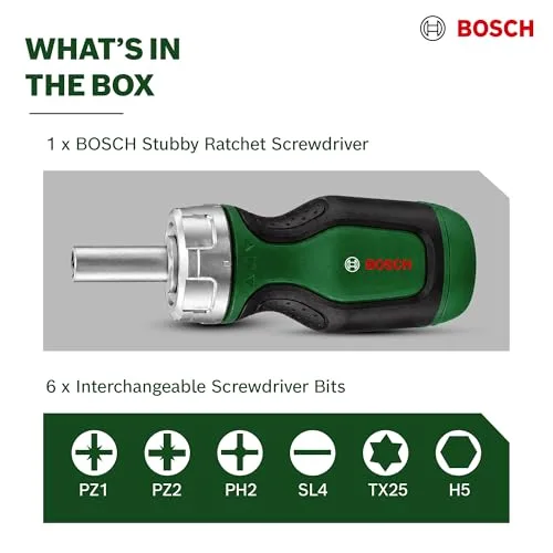 Bosch Professional ▫️ Chave de fendas de catraca da Bosch com ponta curta + 6 pontas 7
