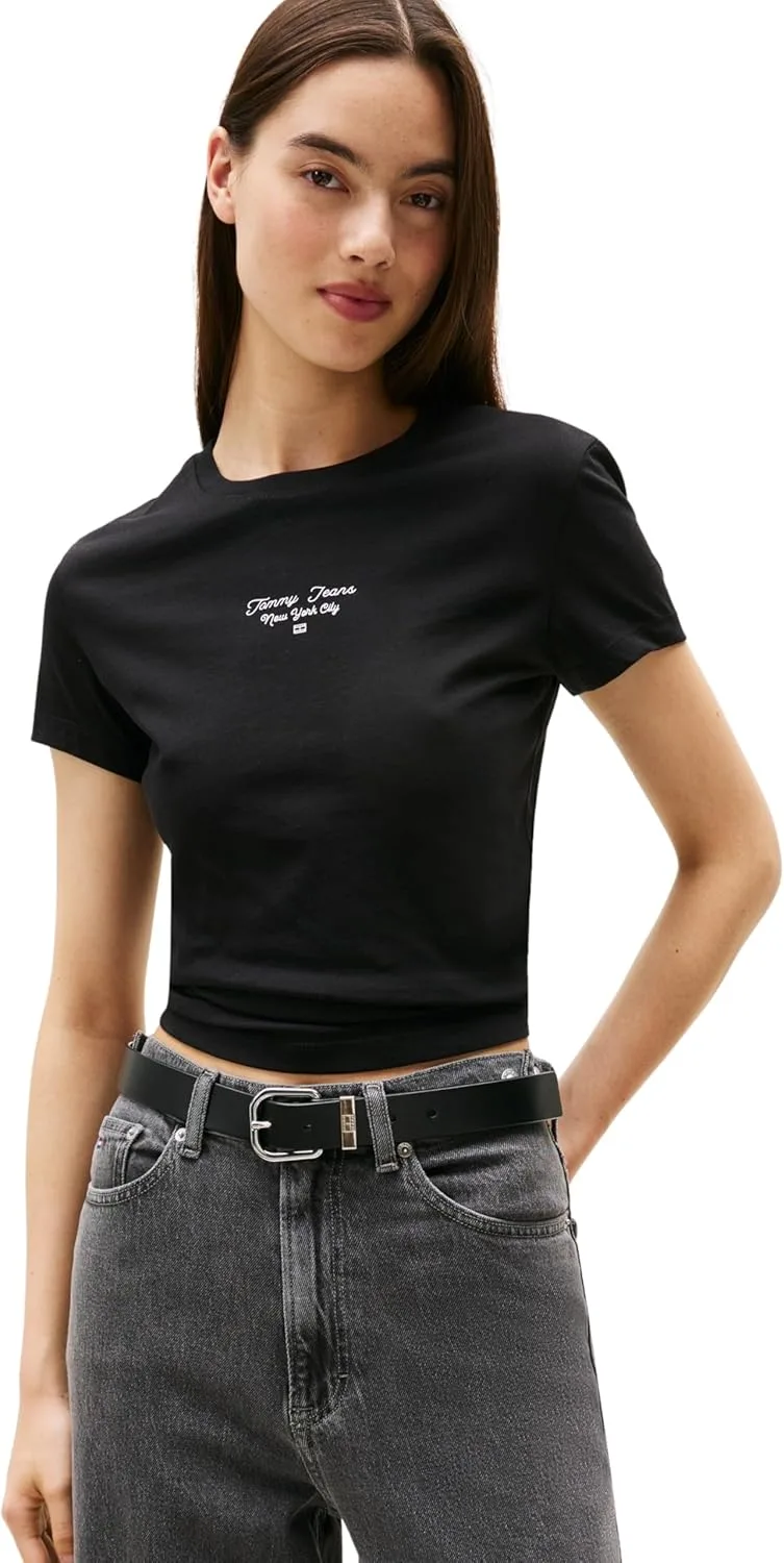 Tommy Jeans ▫️ Camiseta de manga curta para mulher, corte justo, com logótipo e gola redonda