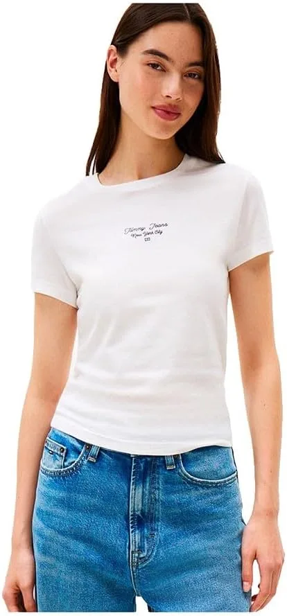 Tommy Jeans ▫️ Camiseta de manga curta para mulher, corte justo, com logótipo e gola redonda