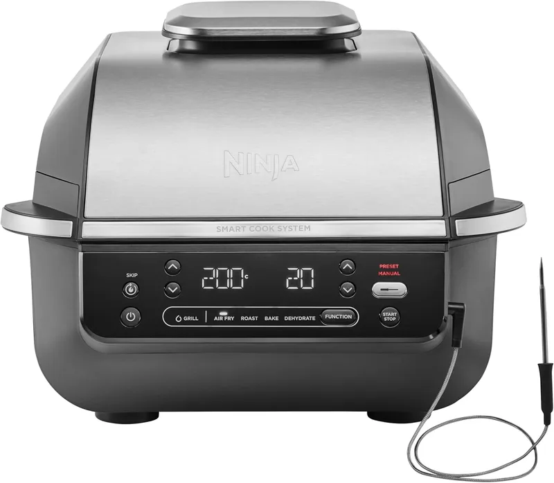 Ninja ▫️ 5 em 1 Air Fryer e Indoor Grill, 5 funções de cozedura sem fumo, cozinha até 4 hambúrgueres, 5,7 l de capacidade, inclui termómetro digital para carne, preto/prata, EG351EU