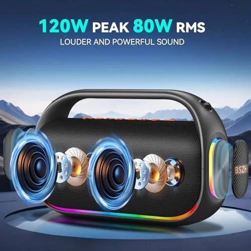 BSZHI ▫️ Altifalantes Bluetooth portáteis com dois subwoofers de 80 W, altifalante grande estéreo com graves potentes, som portátil, IPX6, sem fios, TWS, para uso ao ar livre, festas, (Preto) 2