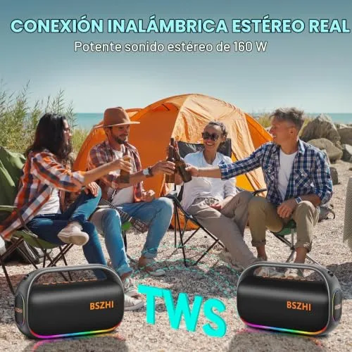BSZHI ▫️ Altifalantes Bluetooth portáteis com dois subwoofers de 80 W, altifalante grande estéreo com graves potentes, som portátil, IPX6, sem fios, TWS, para uso ao ar livre, festas, (Preto) 4