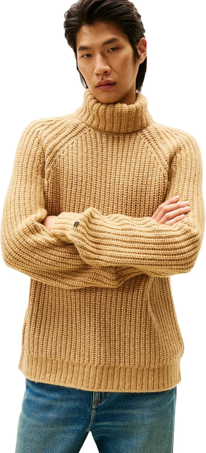 Tommy Hilfiger ▫️ Camisola de malha masculina com gola alta e canelado grosso