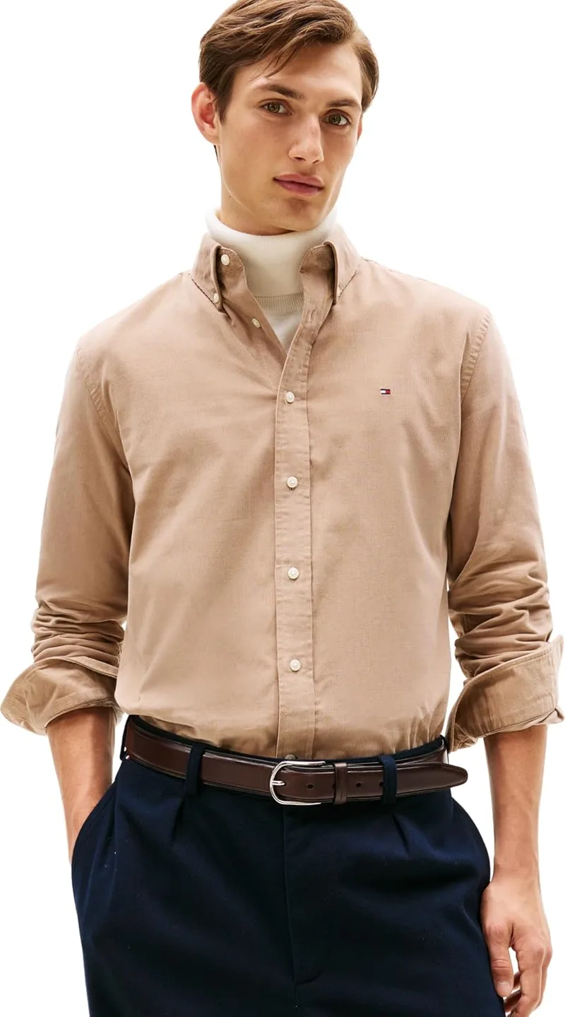 Tommy Hilfiger ▫️ Camisa Solid Corduroy RF Mw0mw40486, manga comprida, para homem (pacote de 1)