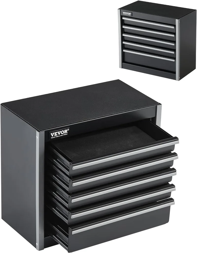 VEVOR ▫️ Caixa de ferramentas metálica portátil 218 x 118 x 205 mm, pequena caixa de ferramentas com 5 gavetas, forro EVA e pés em PP, caixa de aço resistente, preto