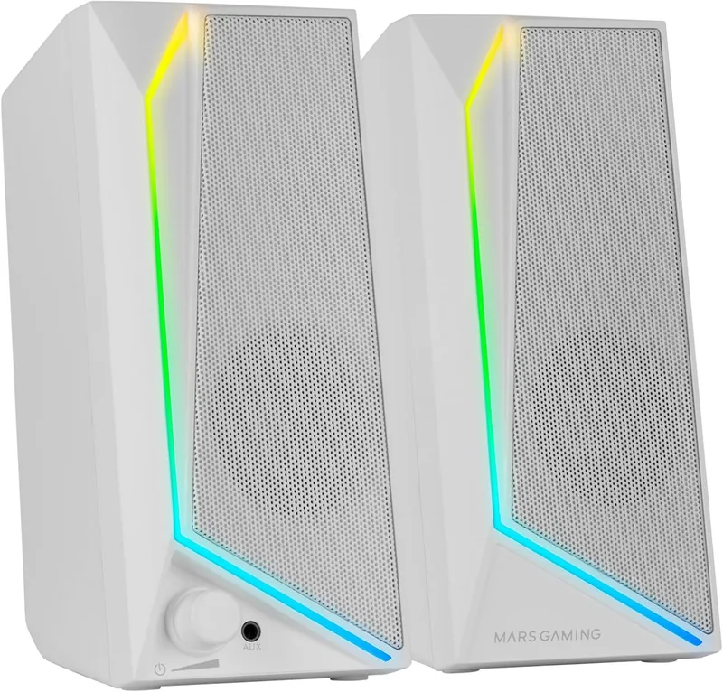 Mars Gaming ▫️ MS72, colunas para jogos de 15 W, iluminação RGB Flow, 2 controladores activos, chipset DSP, ligação USB Plug&Play e tomada de 3,5 mm, roda de controlo do volume e porta de áudio para auscultadores, branco