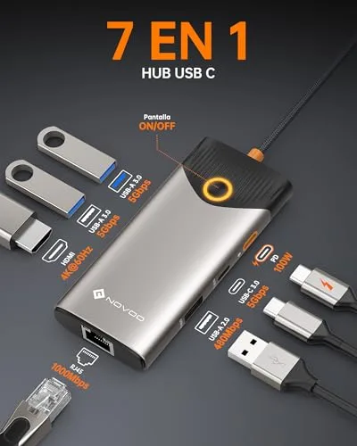 NOVOO ▫️ Hub USB-C 7 em 1, Estação de Acoplamento HDMI 4K a 60, Ethernet, PD 100 W 2