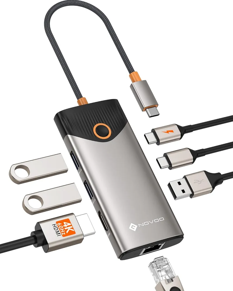 NOVOO ▫️ Hub USB-C Dock 7 em 1 com HDMI 4K a 60 Hz, Ethernet de 1 Gbps, carregamento PD de 100 W, portas USB-A/C de 5 Gbps, dock compatível com MacBook, iPad, iPhone, DELL, HP e Surface